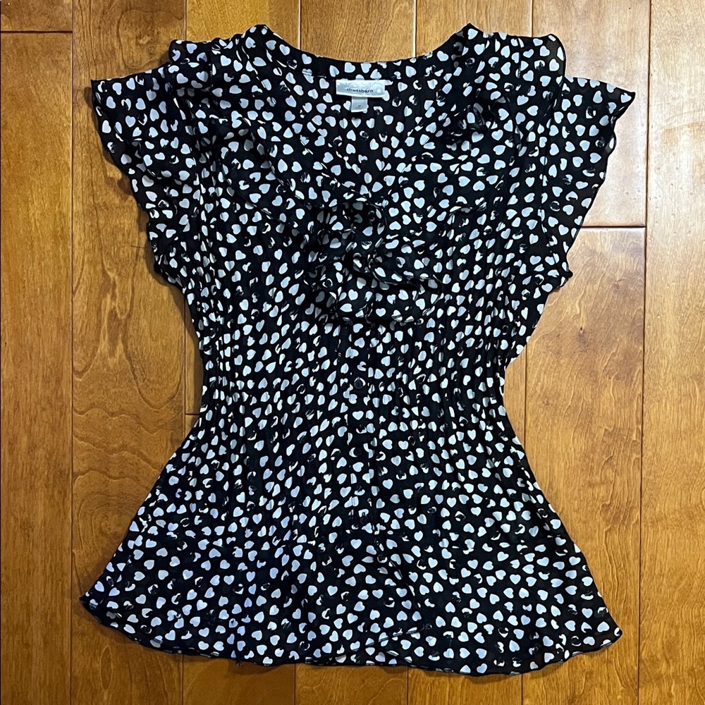 Dressbarn Y2K Black & White Heart Blouse Size M Fitted Semi Sheer Fairy